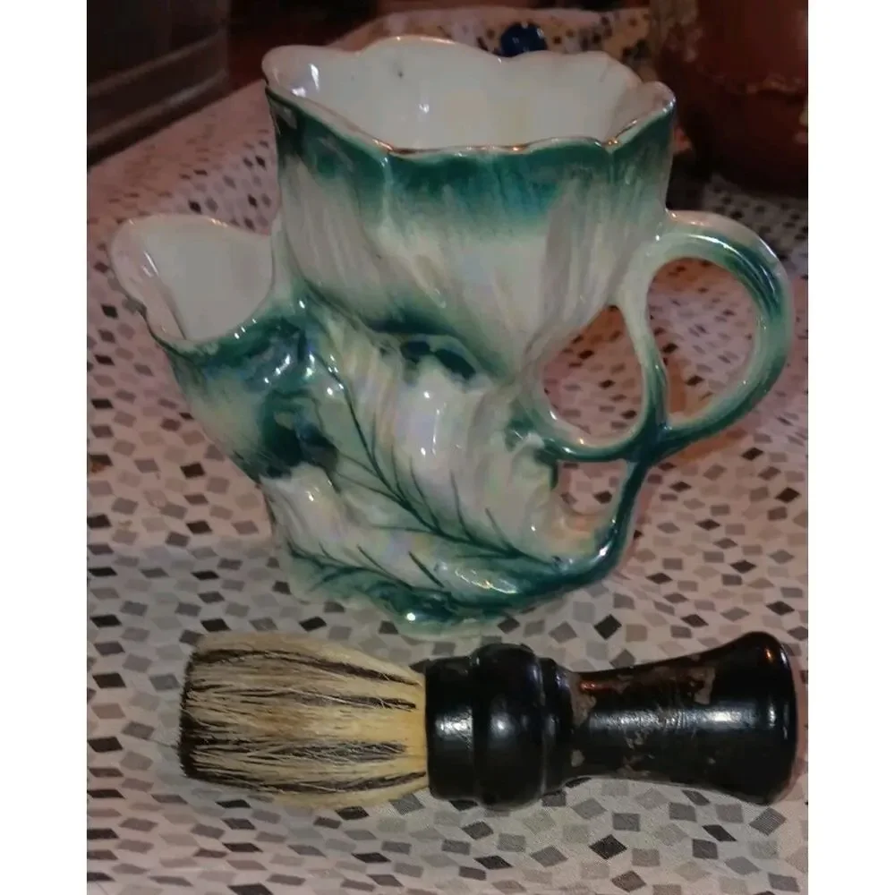 Unique Antique Sea Foam Shaving Scuttle And Foaming Brush